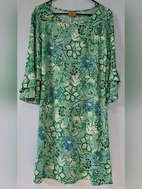 Ruby Rd. Green Floral Dress Bell Sleeves Ruffle Boho Shift L/No Tag Drapey Flowy